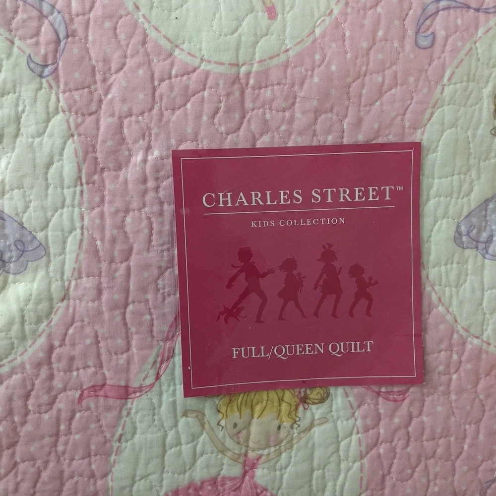 Ballerina Pink Bow Ribbon White Full/Queen Quilt Only by Charles Street.
